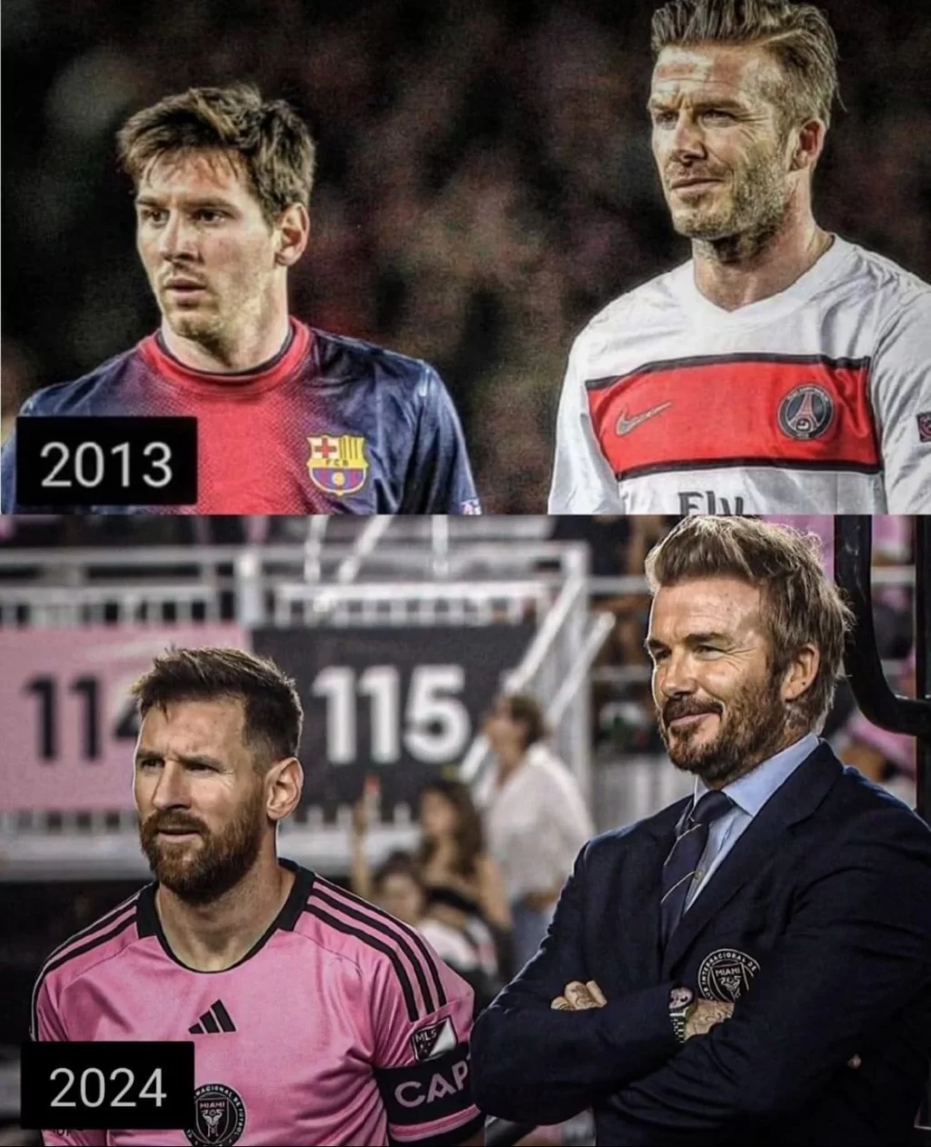 Beckham revela un aspecto desconocido de Messi que lo deja asombrado Lionel Messi y David Beckham 2013 y 2024
