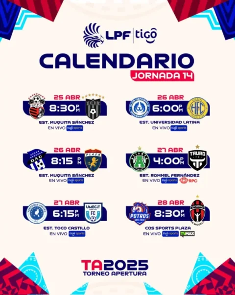 Calenadro jornada 14 de la Liga Panameña de Fútbol