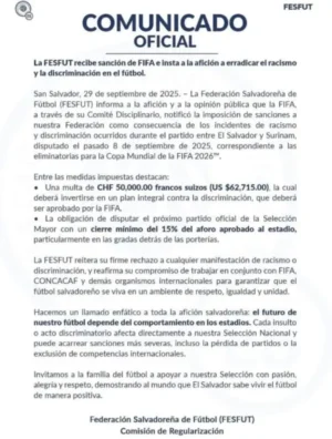 FIFA sanciona al Salvador con multa de 62 mil dólares FIFA